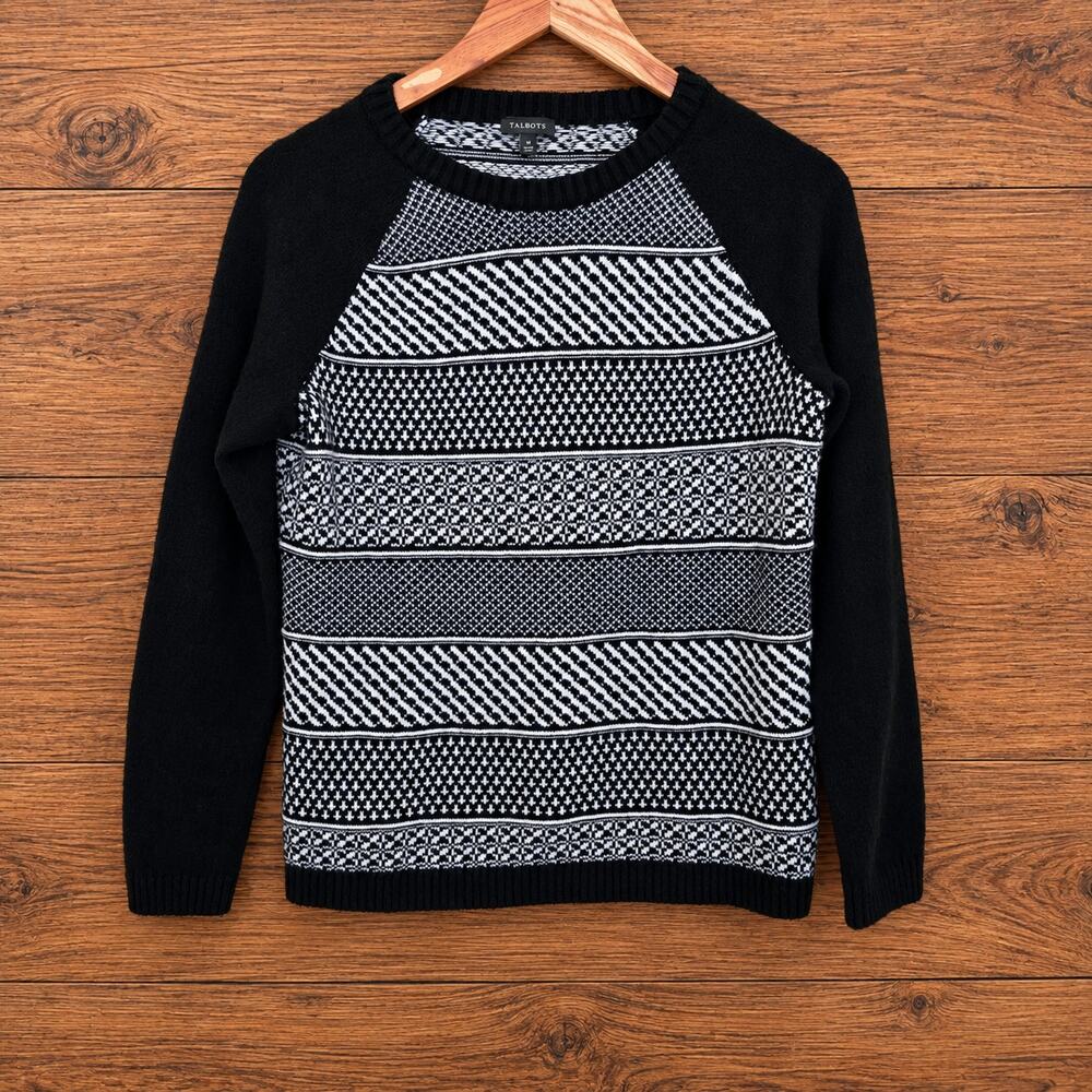 Talbots Women's Fair Isle Sweater Size M Black White Lambswool Raglan Crewneck